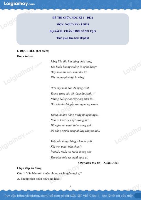 Đề thi giữa kì 1 Văn 8 Chân trời sáng tạo - Đề số 2